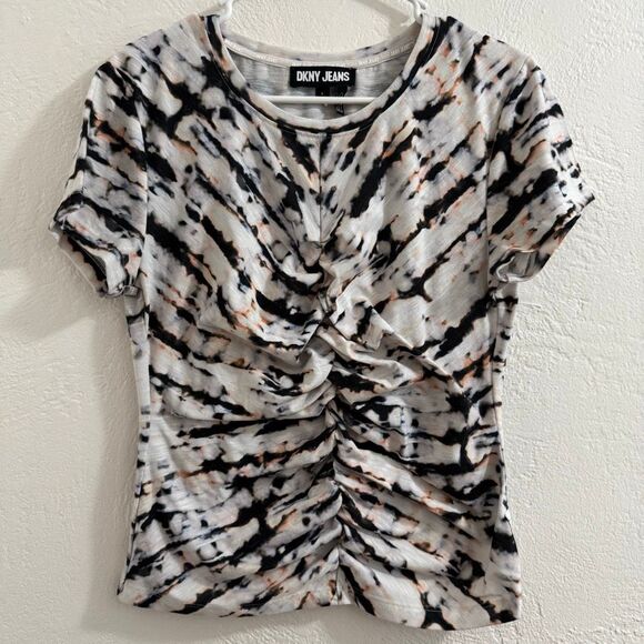 DKNY Black Orange White Tie-Dye Ruched T-Shirt L - Picture 1 of 4